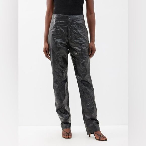 Isabel Marant Anea Coated Cotton Black Pants Trousers Straight Leg Size M - Picture 5 of 16